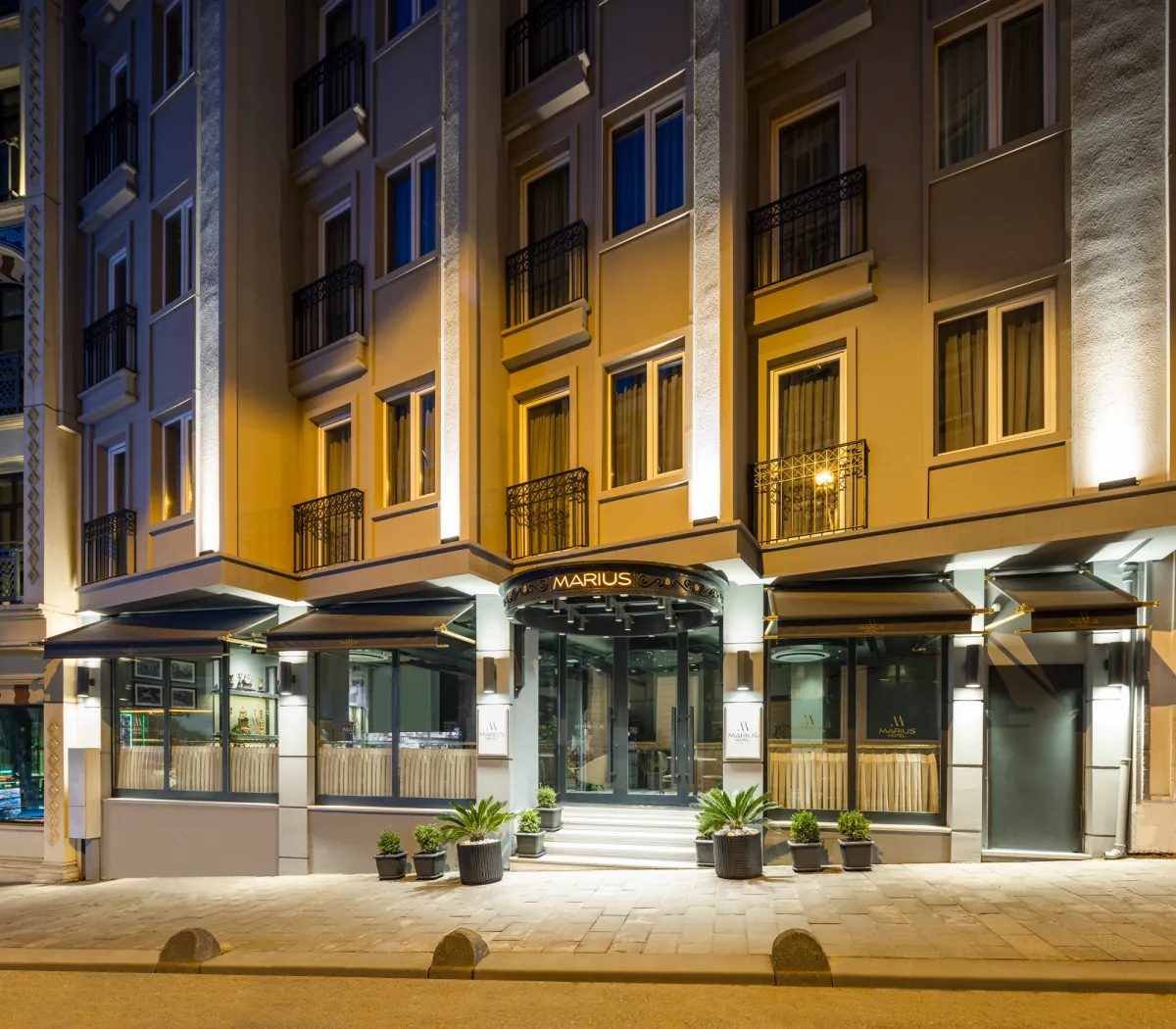 Hotel Marius lit up in the evening on Orhaniye Avenue, Sirkeci, Istanbul